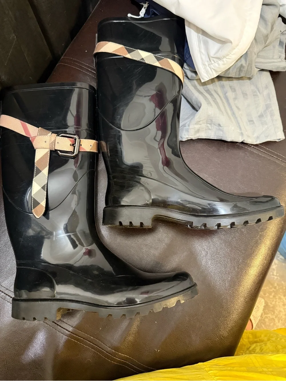 Authentic Burberry Black Rain Boots with Plaid Strap
